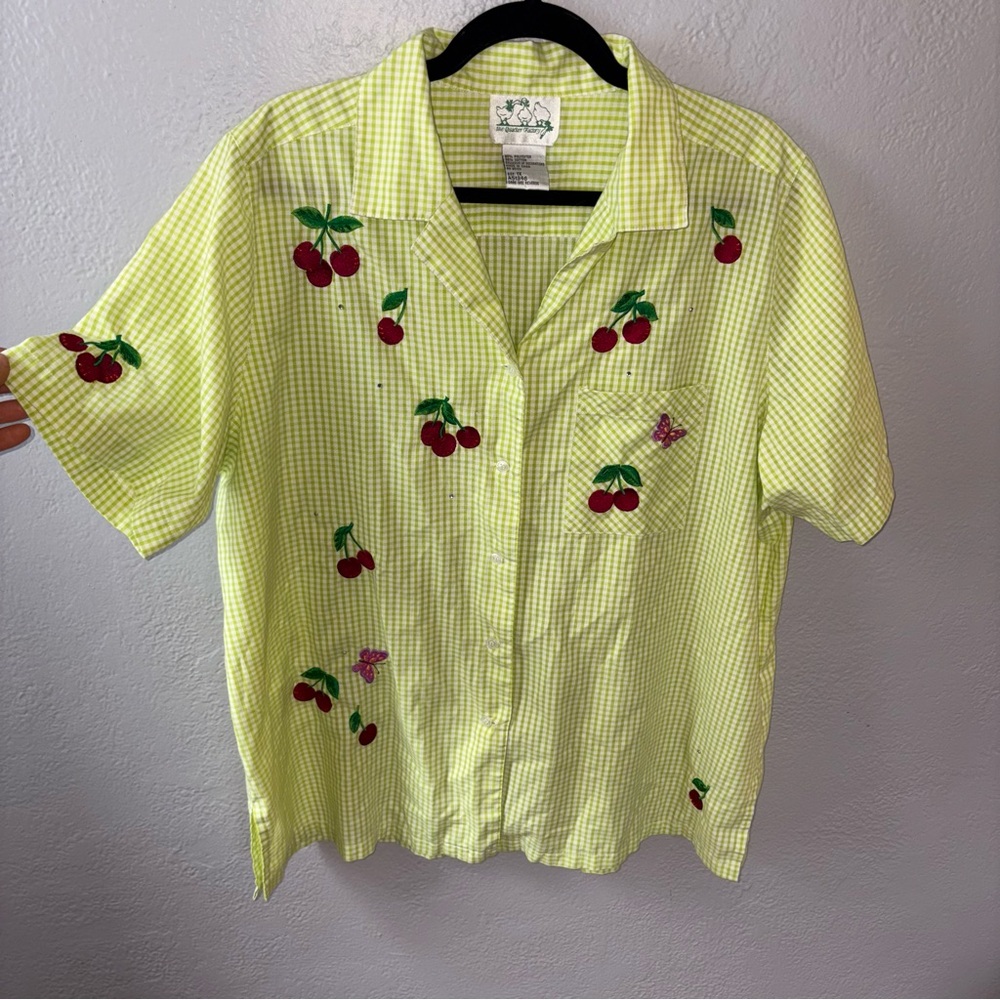 Vintage Cherry Baby Embroidered and green gingham Quacker Factory collared Shirt